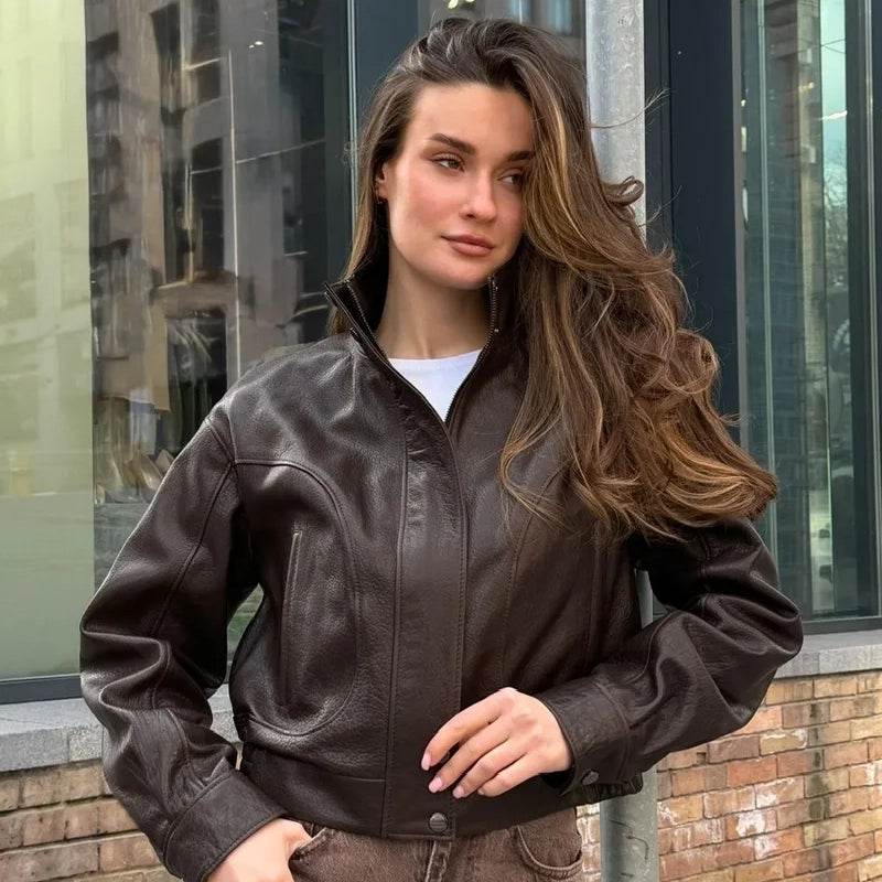 Women's Cropped High-Neck Leather Bomber Jacket