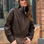 Women's Cropped High-Neck Leather Bomber Jacket