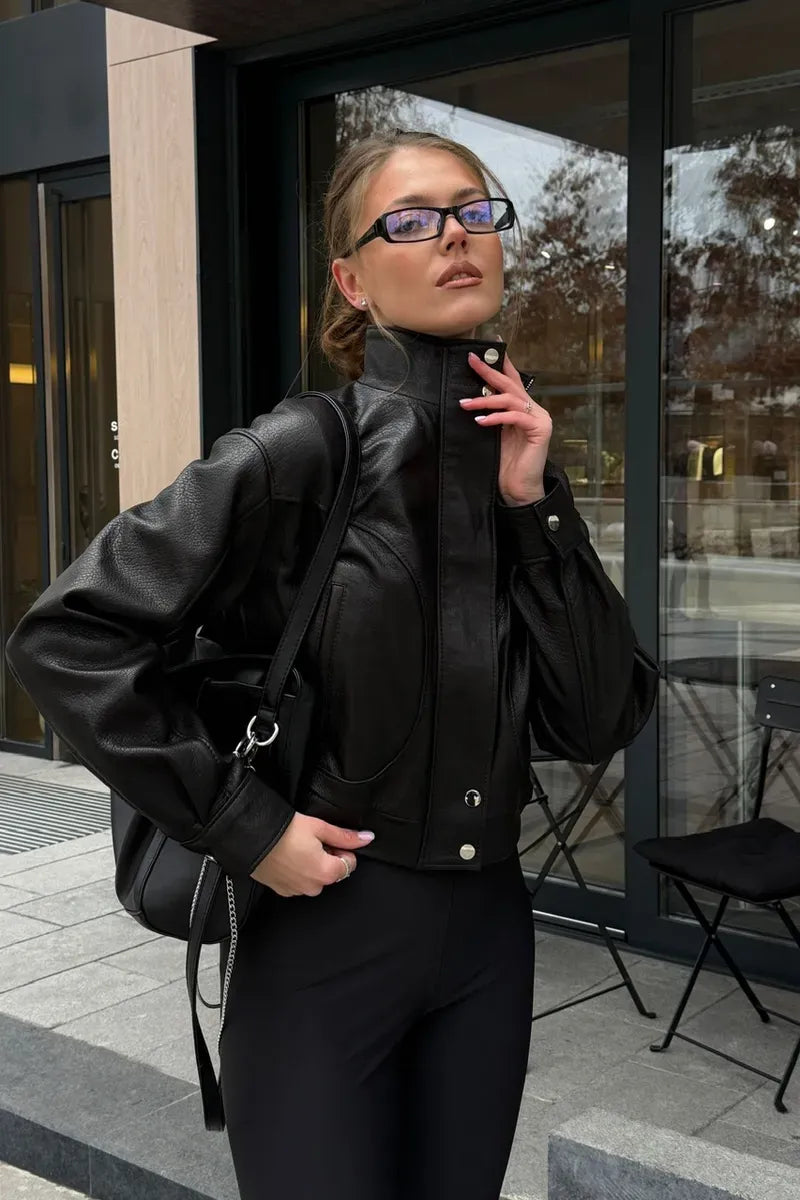Women's Cropped High-Neck Leather Bomber Jacket