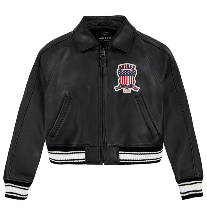 Women's Cropped Leather Bomber Jacket – Black