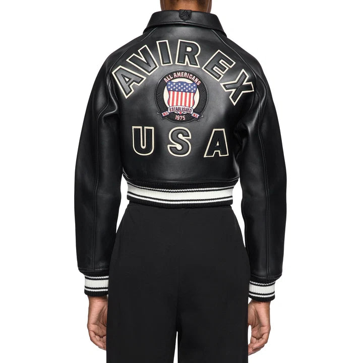 Women's Cropped Leather Bomber Jacket – Black