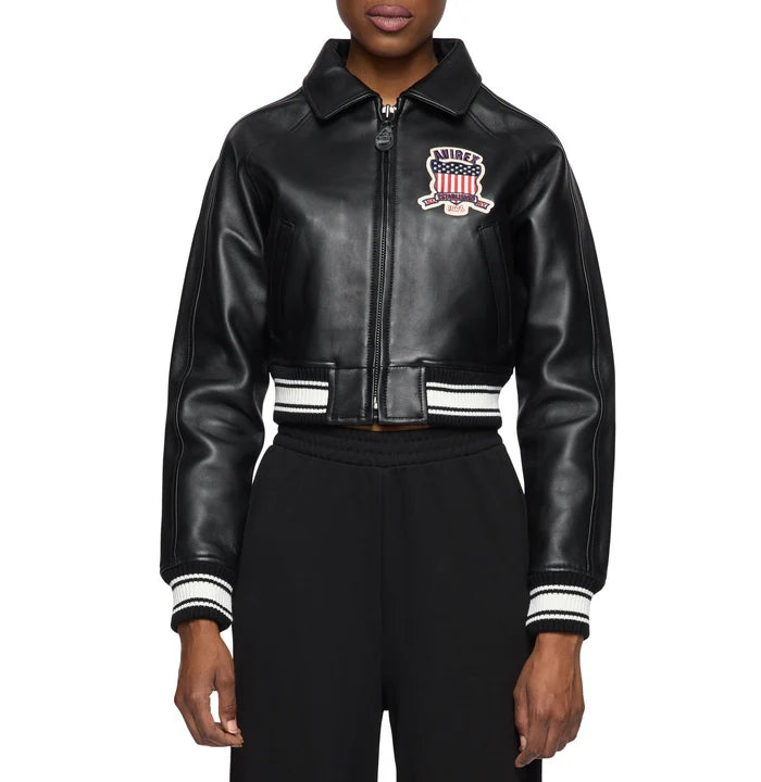 Women's Cropped Leather Bomber Jacket – Black