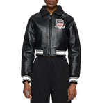 Women's Cropped Leather Bomber Jacket – Black