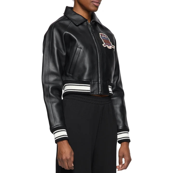 Women's Cropped Leather Bomber Jacket – Black