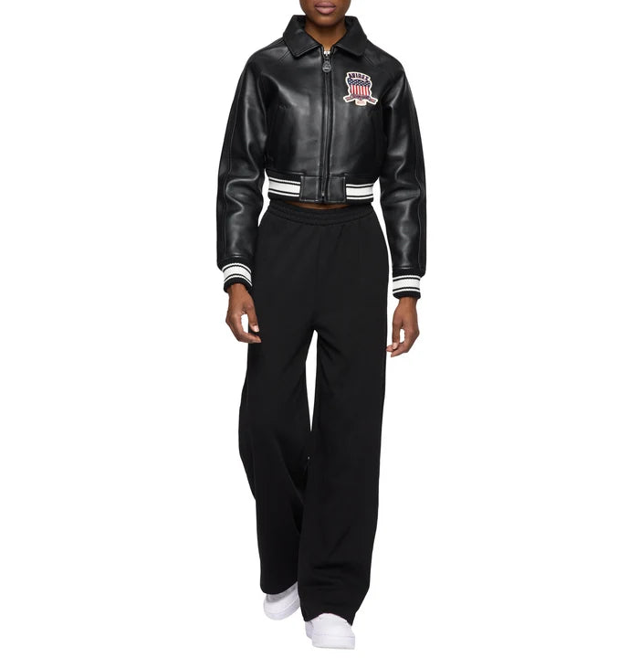 Women's Cropped Leather Bomber Jacket – Black