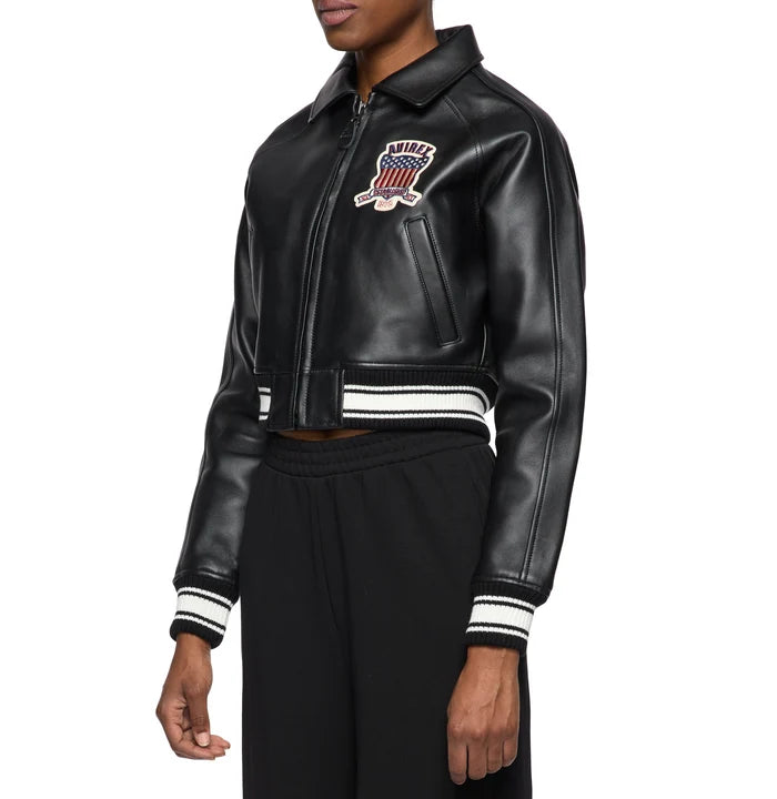 Women's Cropped Leather Bomber Jacket – Black
