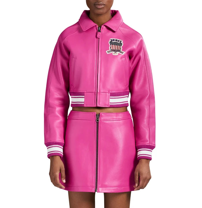 Women's Cropped Leather Bomber Jacket – Pink