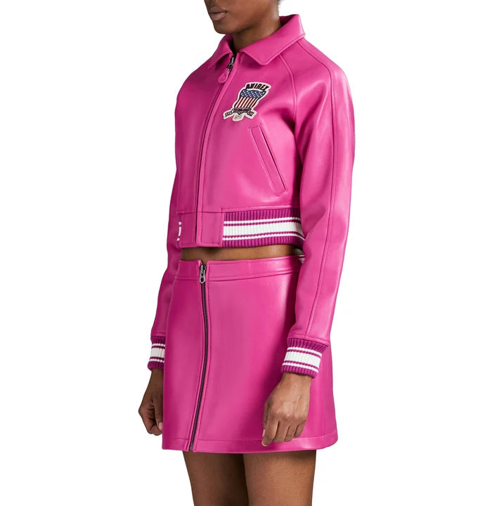 Women's Cropped Leather Bomber Jacket – Pink