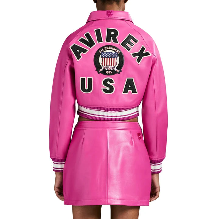 Women's Cropped Leather Bomber Jacket – Pink