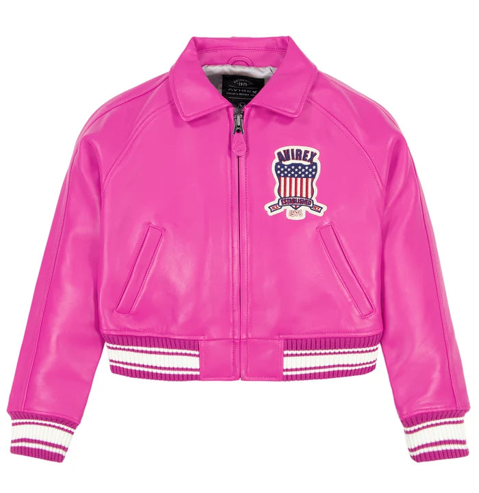 Women's Cropped Leather Bomber Jacket – Pink