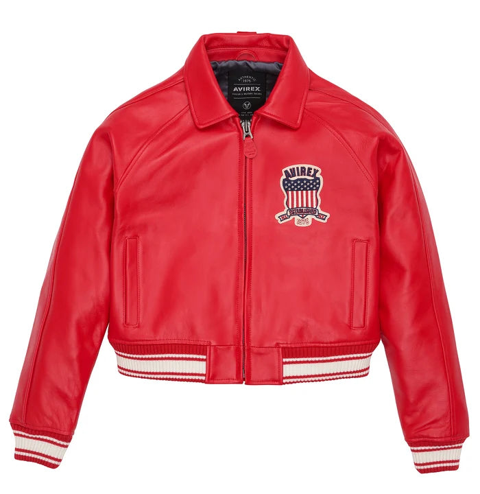 Women's Cropped Leather Bomber Jacket – Red