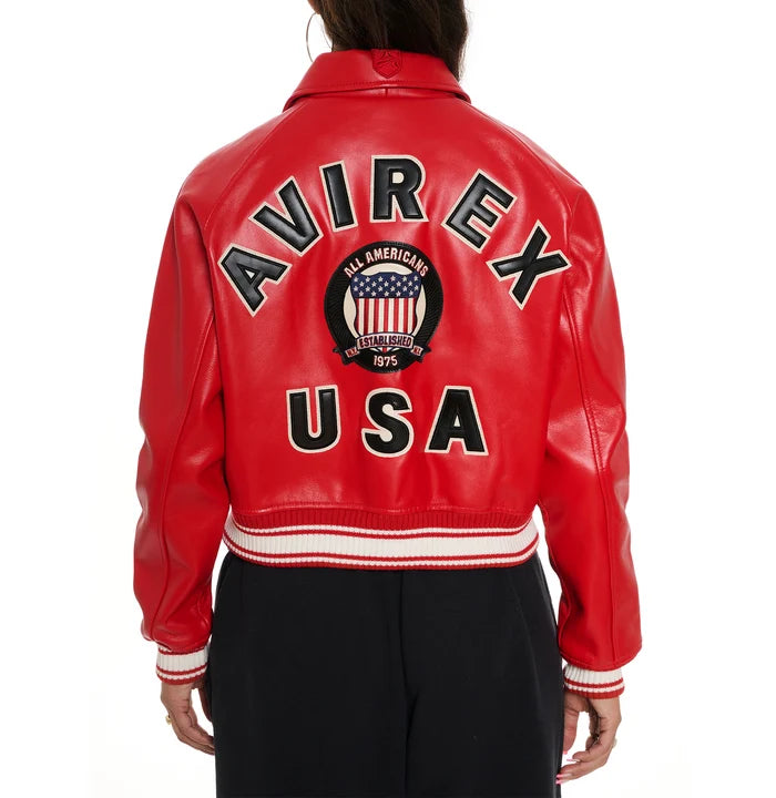 Women's Cropped Leather Bomber Jacket – Red
