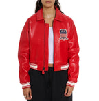 Women's Cropped Leather Bomber Jacket – Red