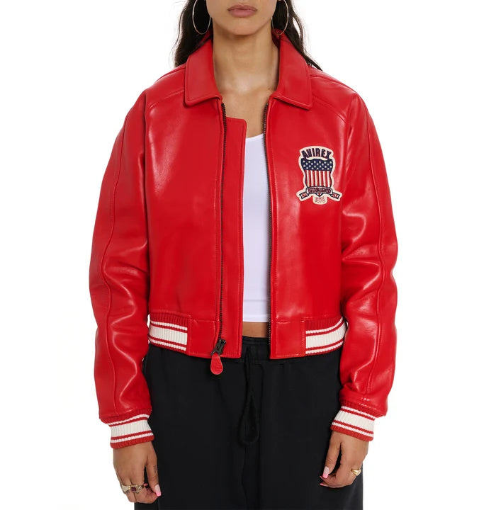 Women's Cropped Leather Bomber Jacket – Red