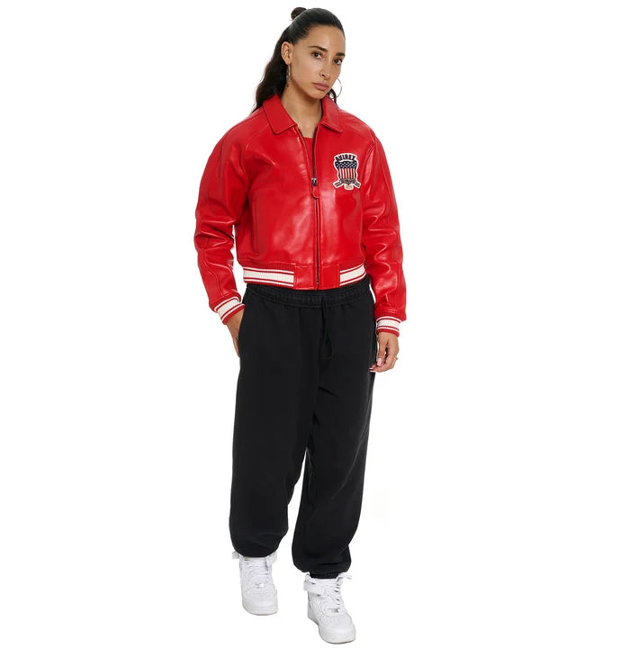 Women's Cropped Leather Bomber Jacket – Red