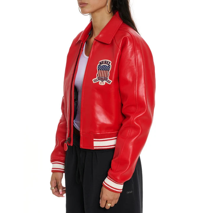 Women's Cropped Leather Bomber Jacket – Red
