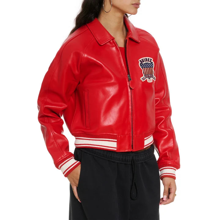 Women's Cropped Leather Bomber Jacket – Red