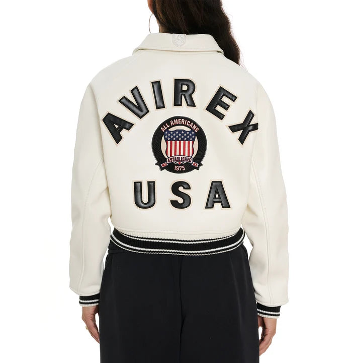Women's Cropped Leather Bomber Jacket –  White