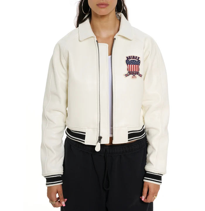 Women's Cropped Leather Bomber Jacket –  White