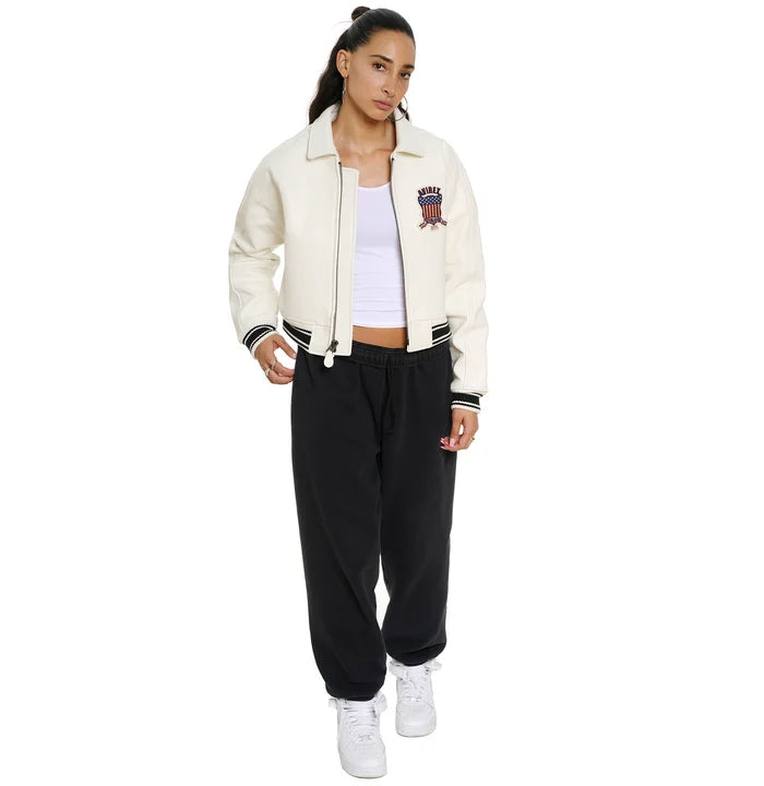 Women's Cropped Leather Bomber Jacket –  White