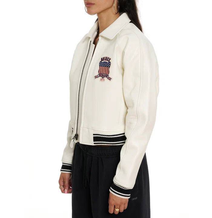 Women's Cropped Leather Bomber Jacket –  White