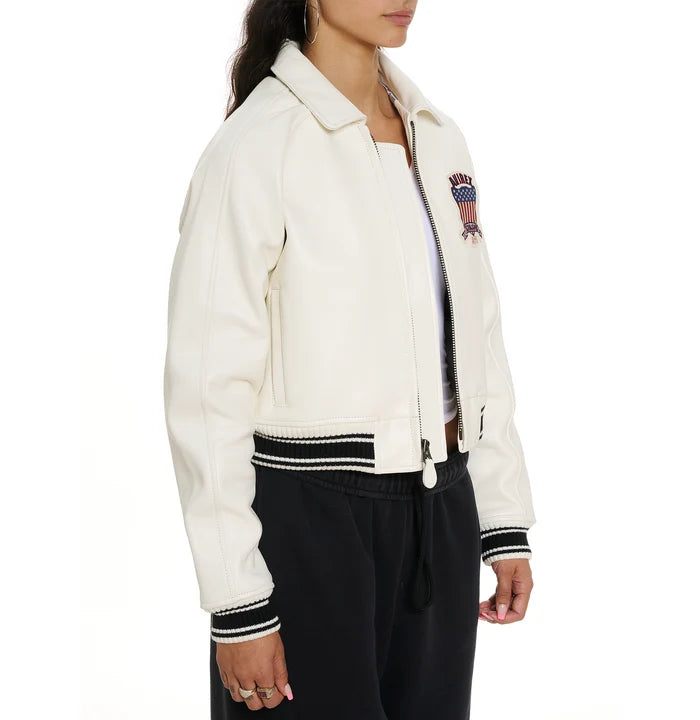 Women's Cropped Leather Bomber Jacket –  White