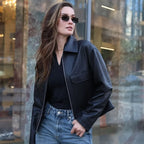 Women's Cropped Zip-Up Leather Trucker Jacket with Flap Pockets
