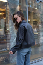 Women's Cropped Zip-Up Leather Trucker Jacket with Flap Pockets