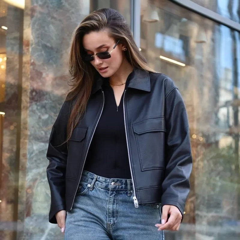 Women's Cropped Zip-Up Leather Trucker Jacket with Flap Pockets