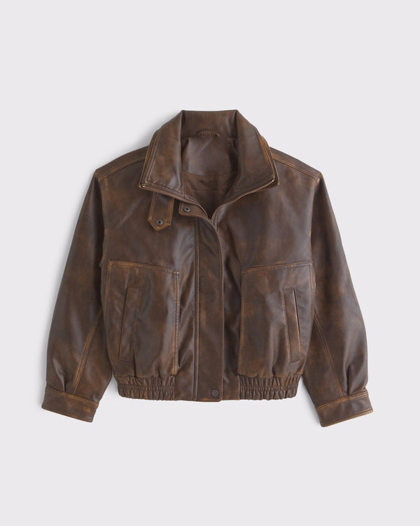 Women's Distressed Throat Latch Leather Bomber Blouson