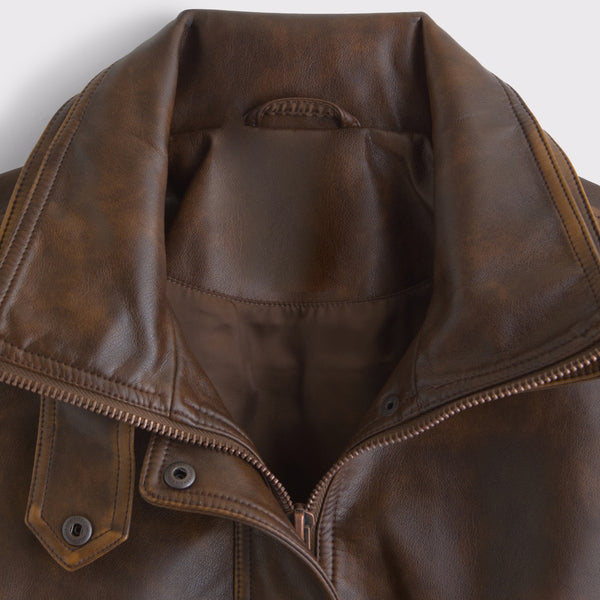 Women's Distressed Throat Latch Leather Bomber Blouson