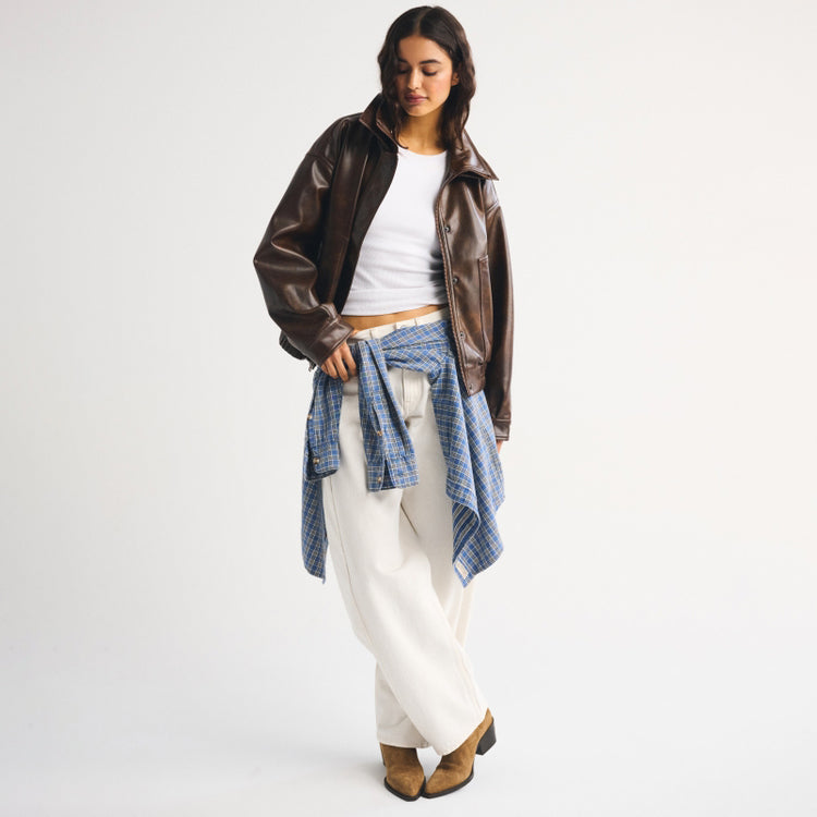 Women's Distressed Throat Latch Leather Bomber Blouson