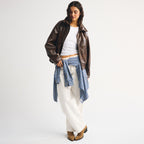 Women's Distressed Throat Latch Leather Bomber Blouson