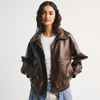 Women's Distressed Throat Latch Leather Bomber Blouson