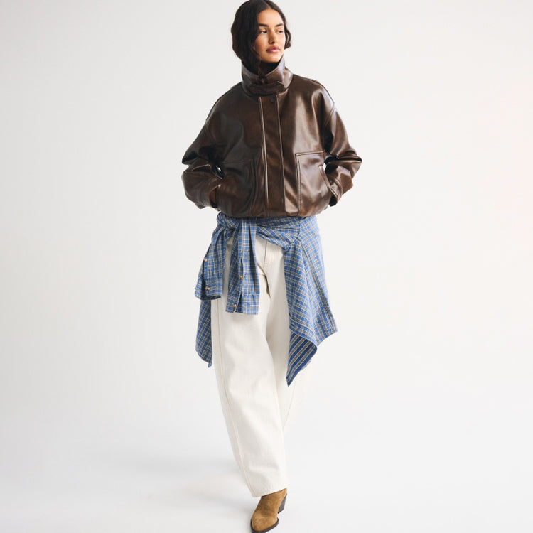 Women's Distressed Throat Latch Leather Bomber Blouson