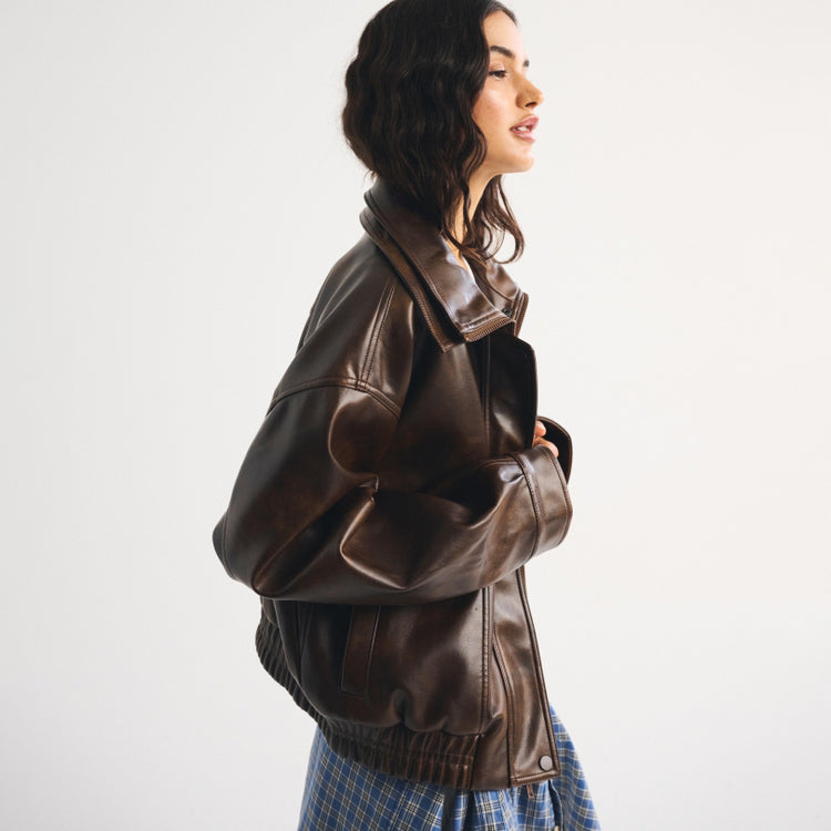 Women's Distressed Throat Latch Leather Bomber Blouson