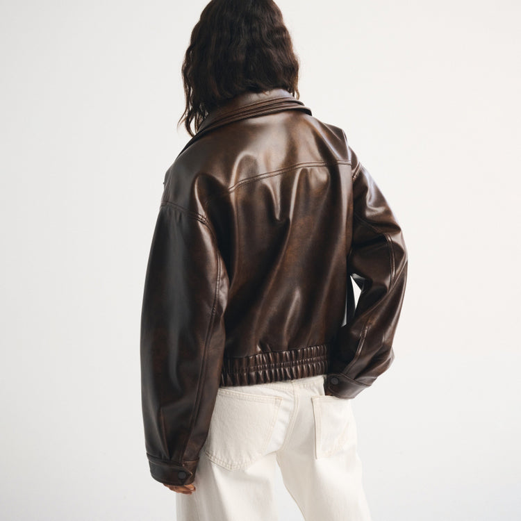 Women's Distressed Throat Latch Leather Bomber Blouson