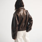 Women's Distressed Throat Latch Leather Bomber Blouson