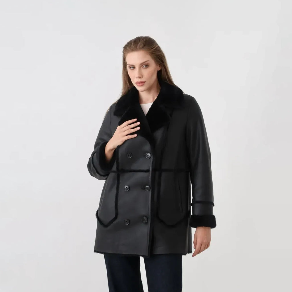 Women's Double-Breasted Shearling Leather Pea Coat