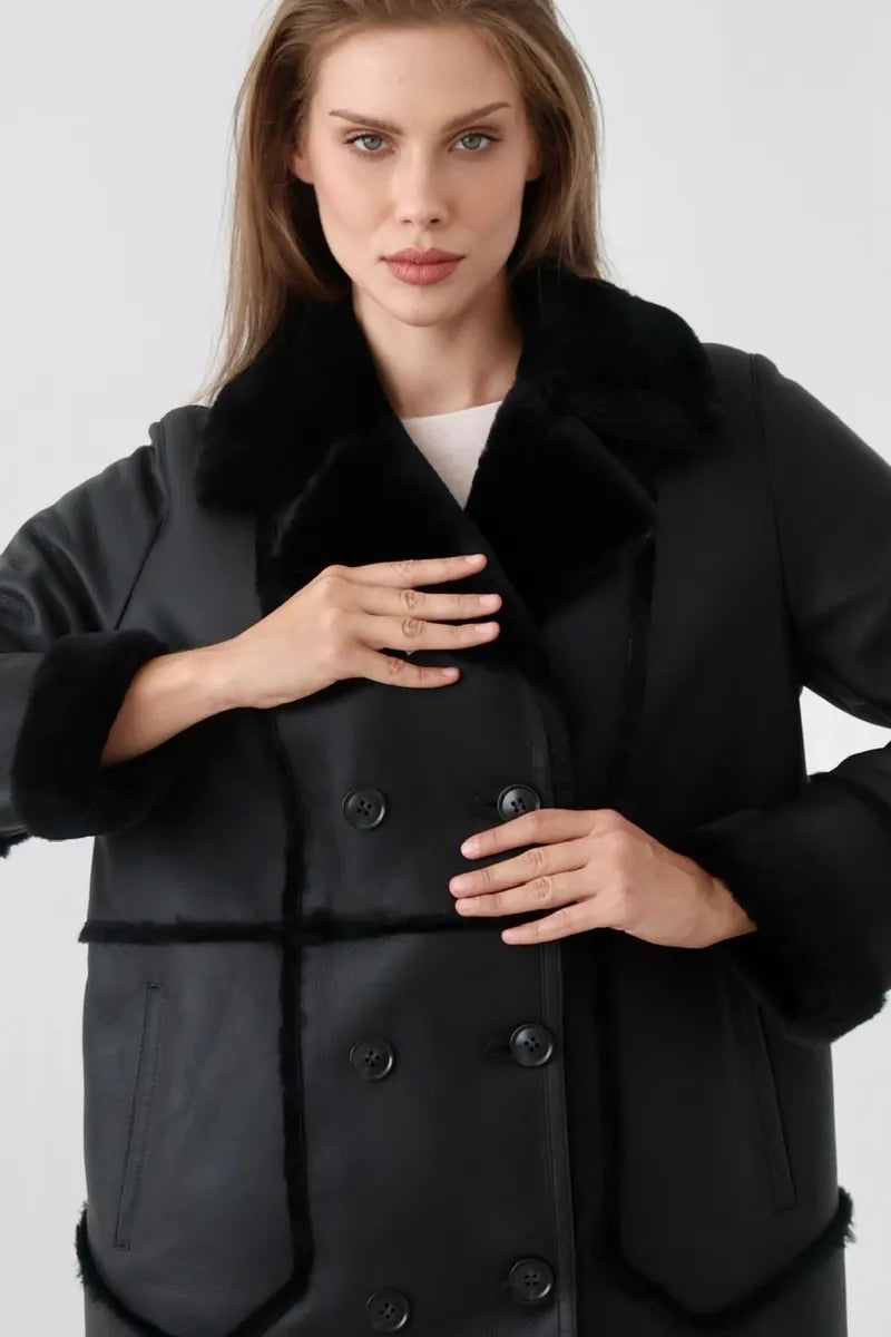 Women's Double-Breasted Shearling Leather Pea Coat