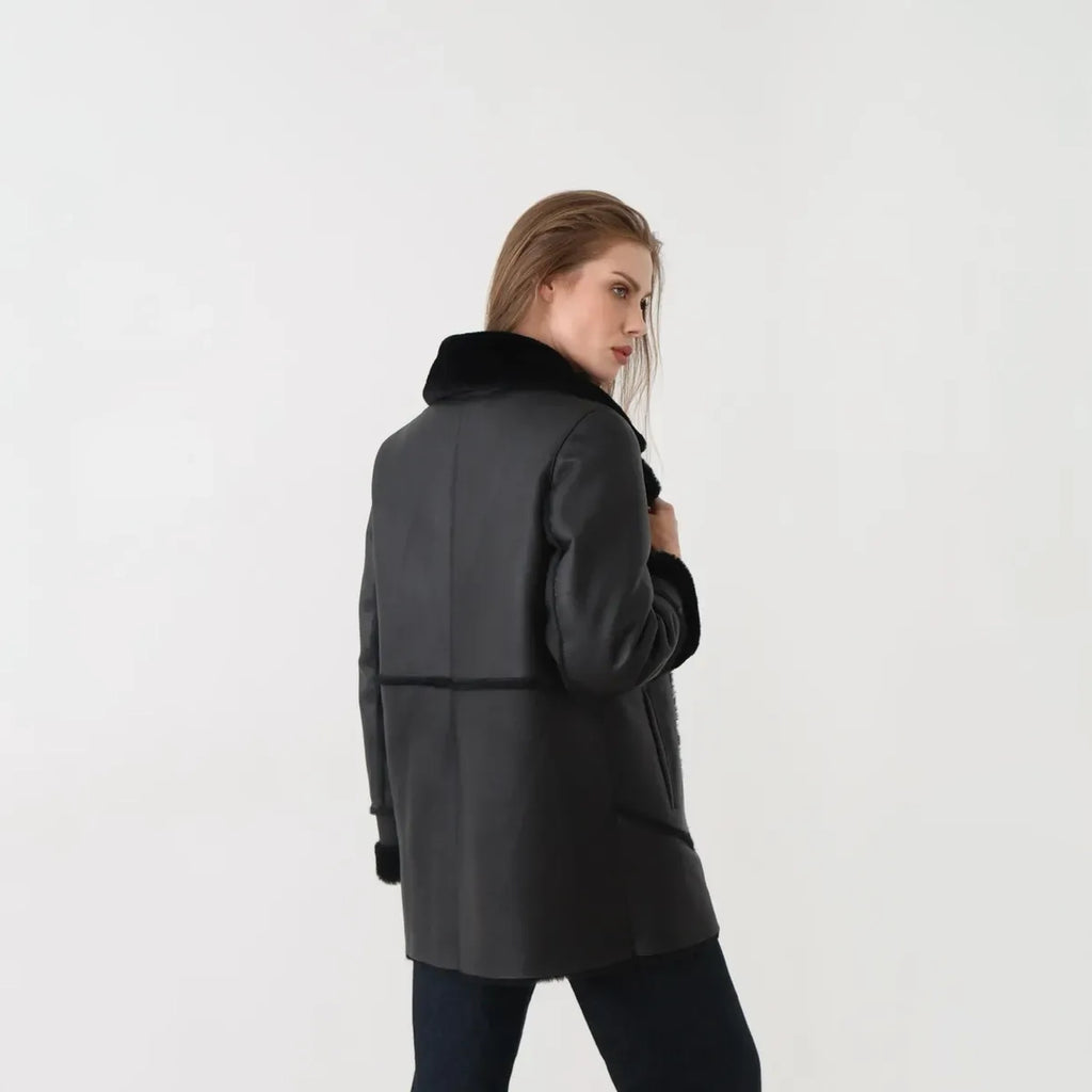 Women's Double-Breasted Shearling Leather Pea Coat