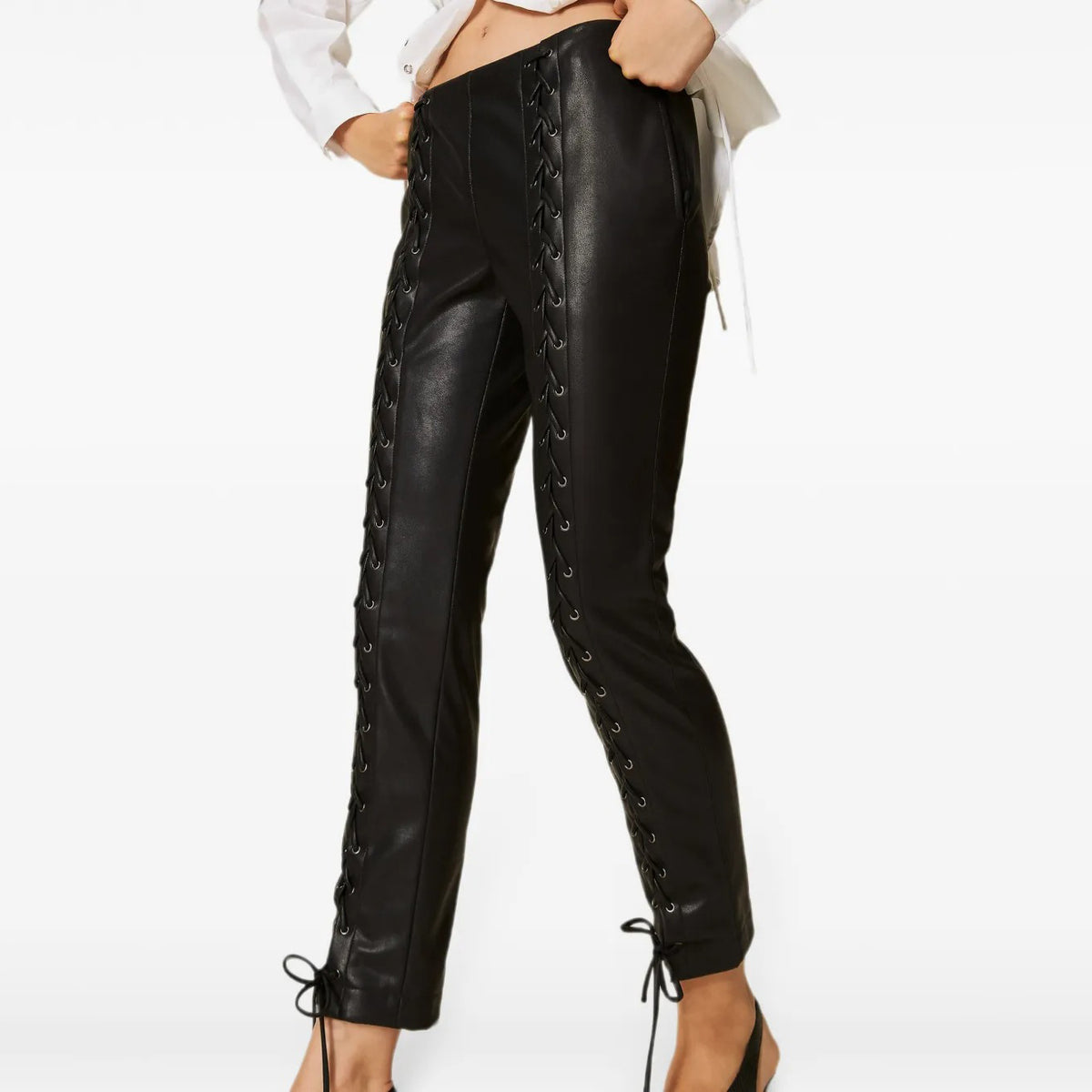 Women's Front Lace Up Skinny Leather Pants