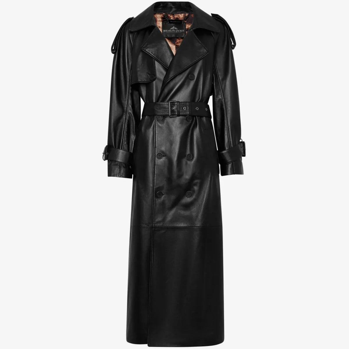 Women's Full-Length Belted Double-Breasted Leather Trench Coat