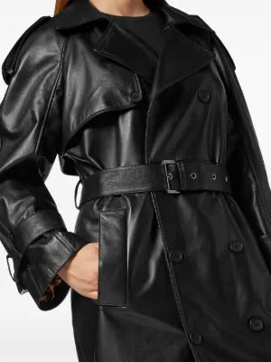 Women's Full-Length Belted Double-Breasted Leather Trench Coat