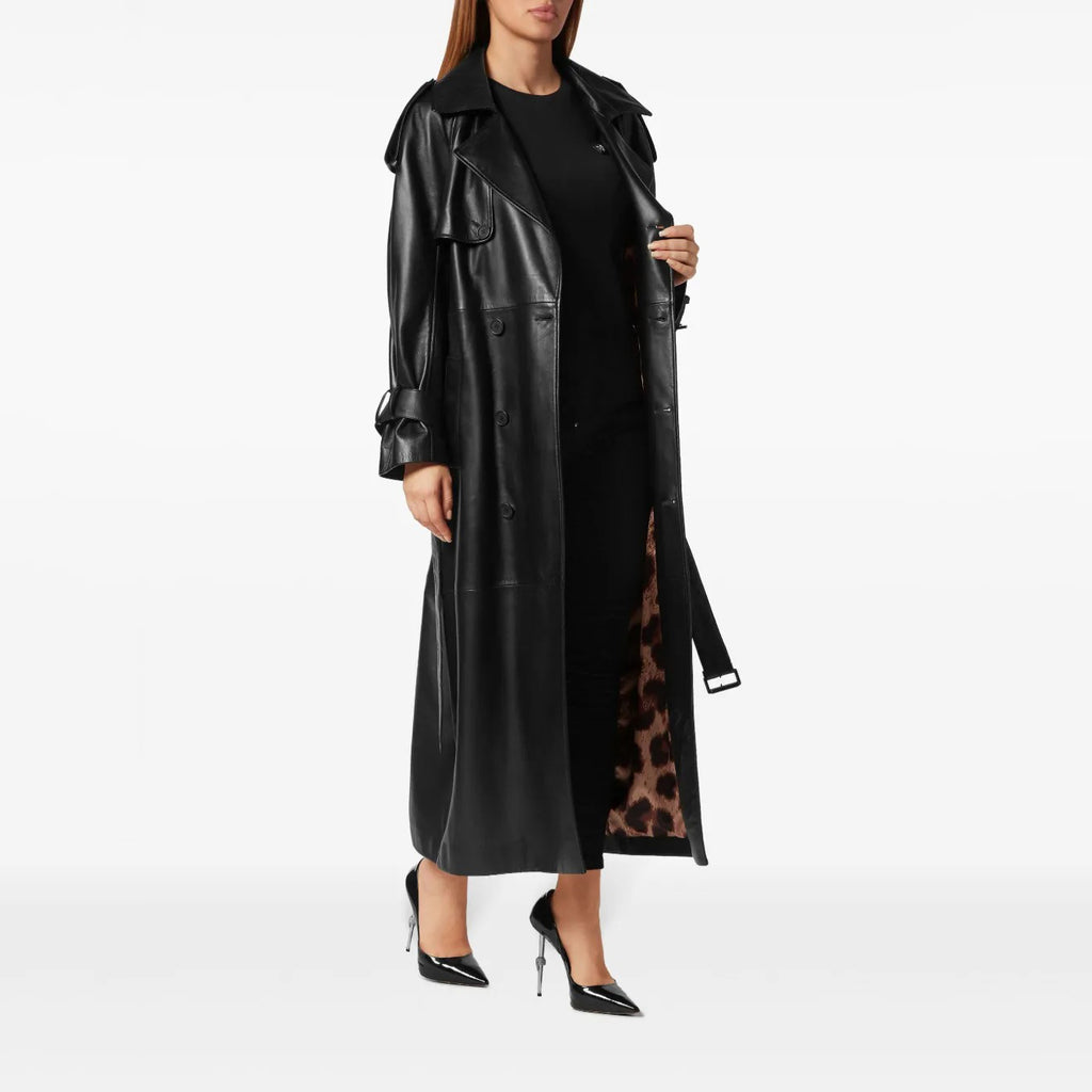 Women's Full-Length Belted Double-Breasted Leather Trench Coat