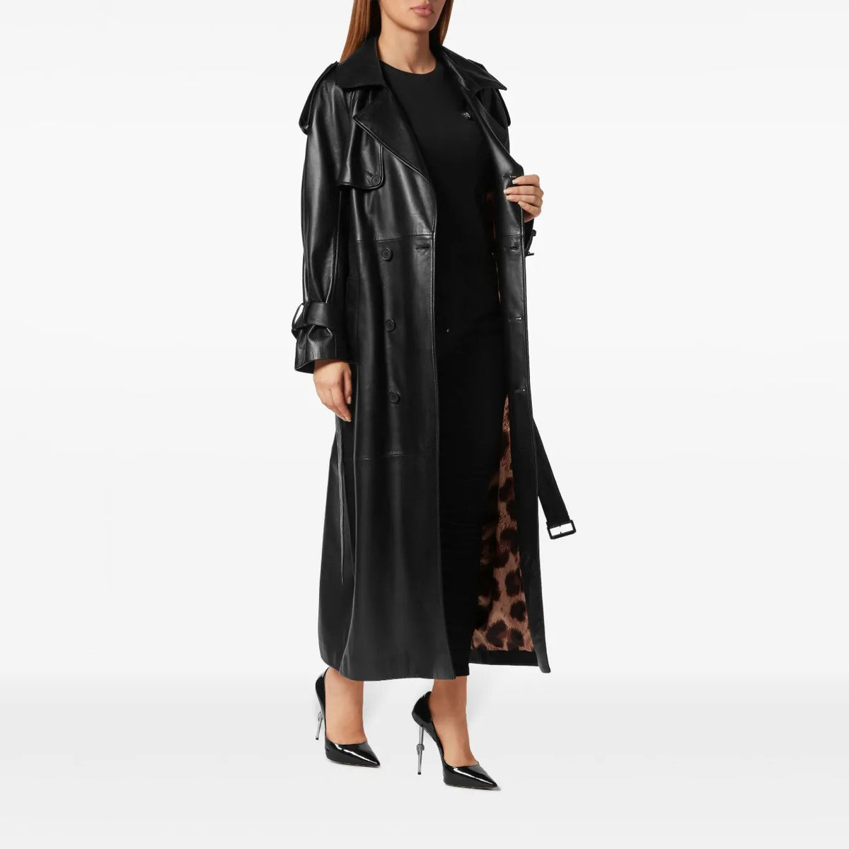 Women's Full-Length Belted Double-Breasted Leather Trench Coat