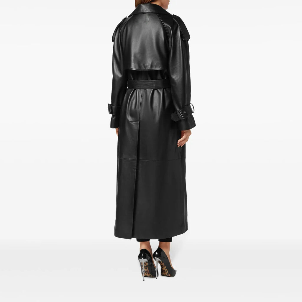 Women's Full-Length Belted Double-Breasted Leather Trench Coat