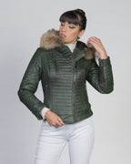 Women's Biker Leather Jacket with Faux Fur Hood - Down Style