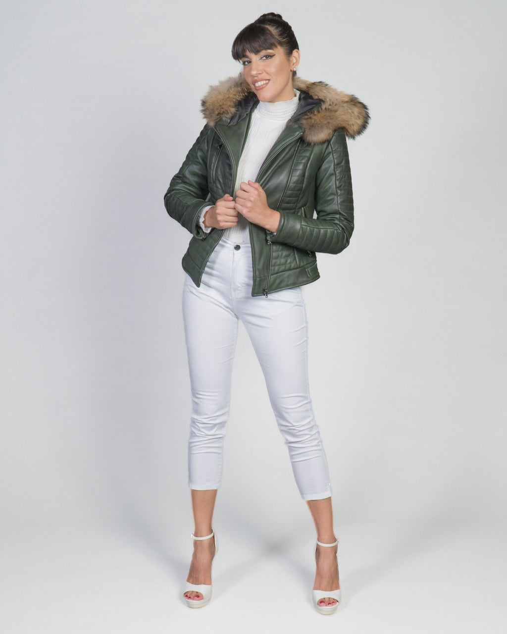 Women's Biker Leather Jacket with Faux Fur Hood - Down Style