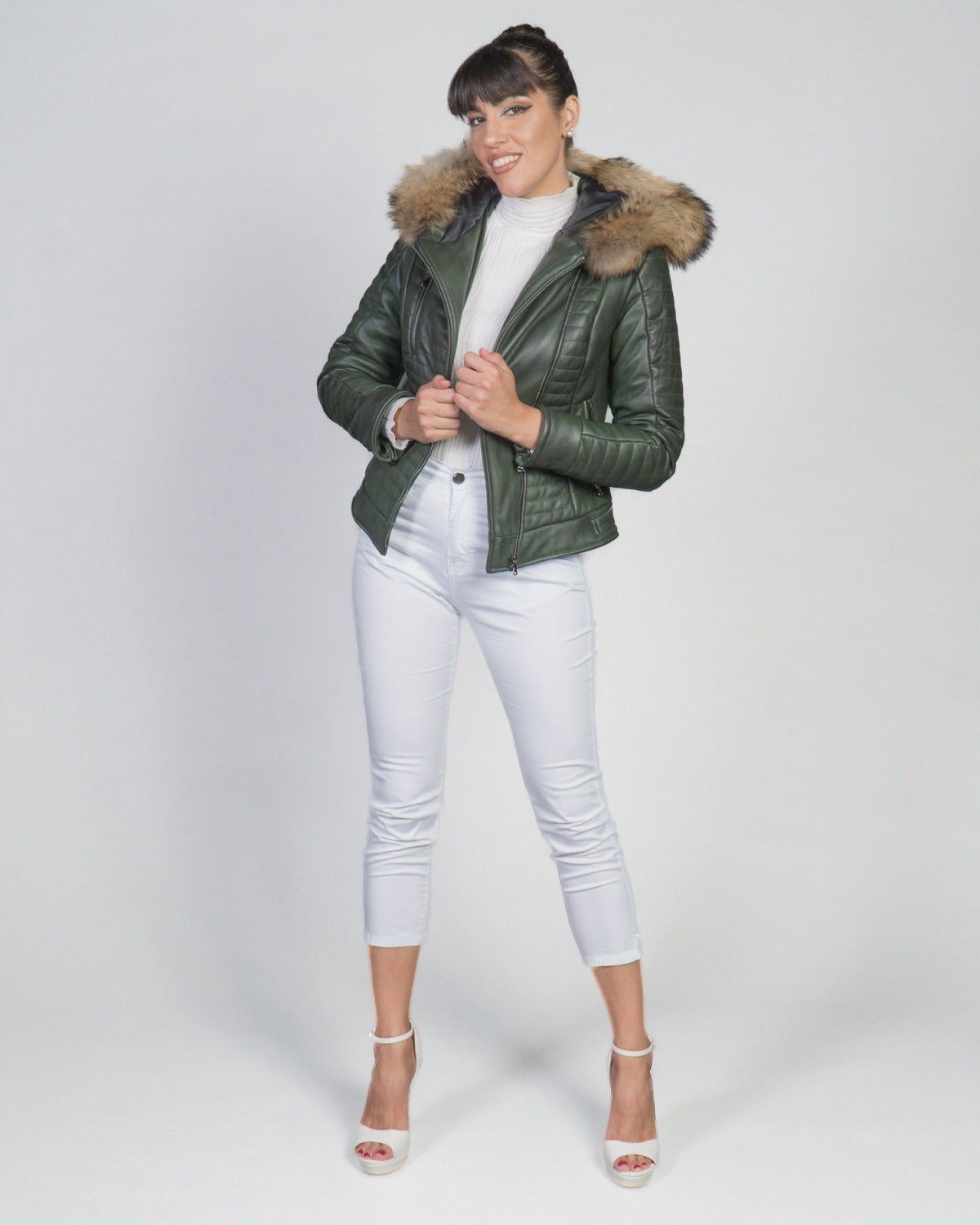 Women's Biker Leather Jacket with Faux Fur Hood - Down Style